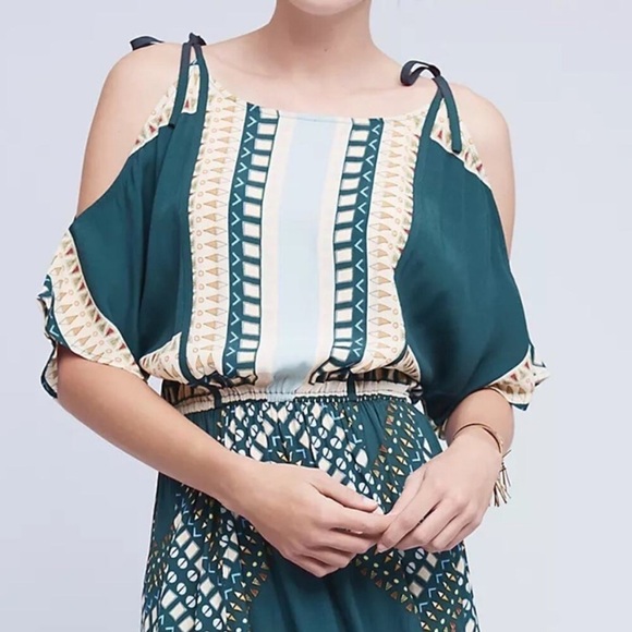FLOREAT Anthropologie Teal Cold Shoulder Tribal Print Dress Elastic Waist 10P - Picture 2 of 7